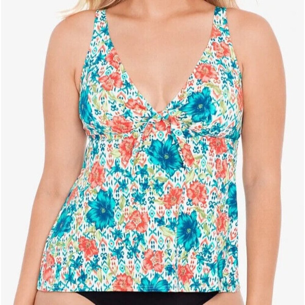 Swim Solutions Simply Sweet Tie Front Tummy-Control Tankini Top Size 10 NWT $72